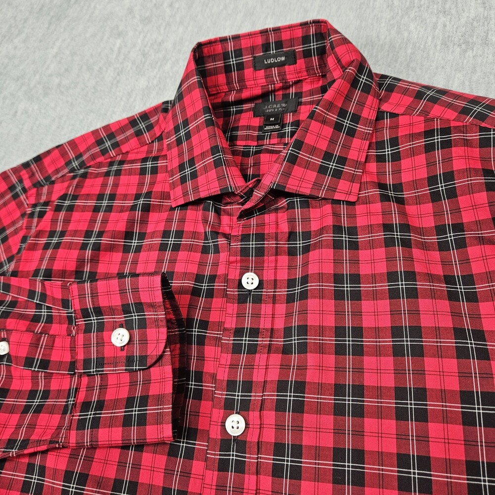 J Crew Shirt Mens M Ludlow Red Black Plaid 120's 2 Ply Button Up Long Sleeve
